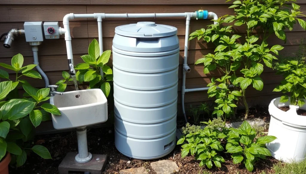 Eco-friendly rainwater collection and sink system with garden irrigation Eco-friendly rainwater collection and sink system with garden irrigation