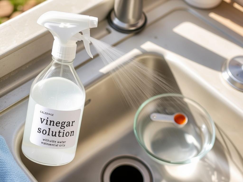 Homemade vinegar and water solution being used to clean an outdoor sink