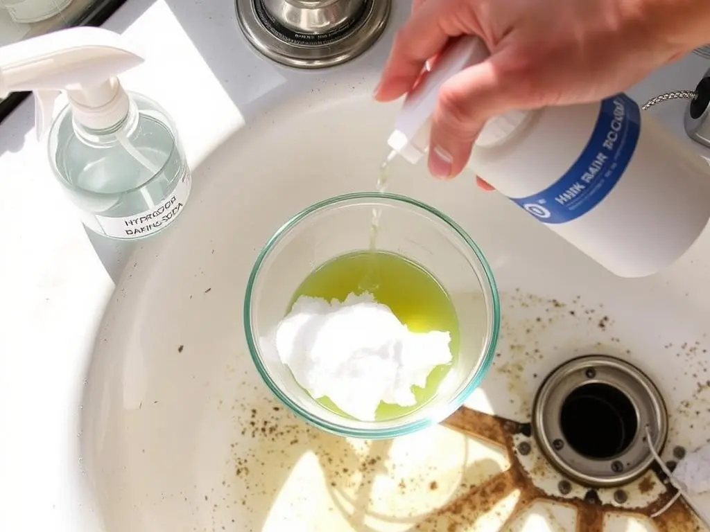 Hydrogen peroxide and baking soda mixture being used on mold in an outdoor sink Hydrogen peroxide and baking soda mixture being used on mold in an outdoor sink