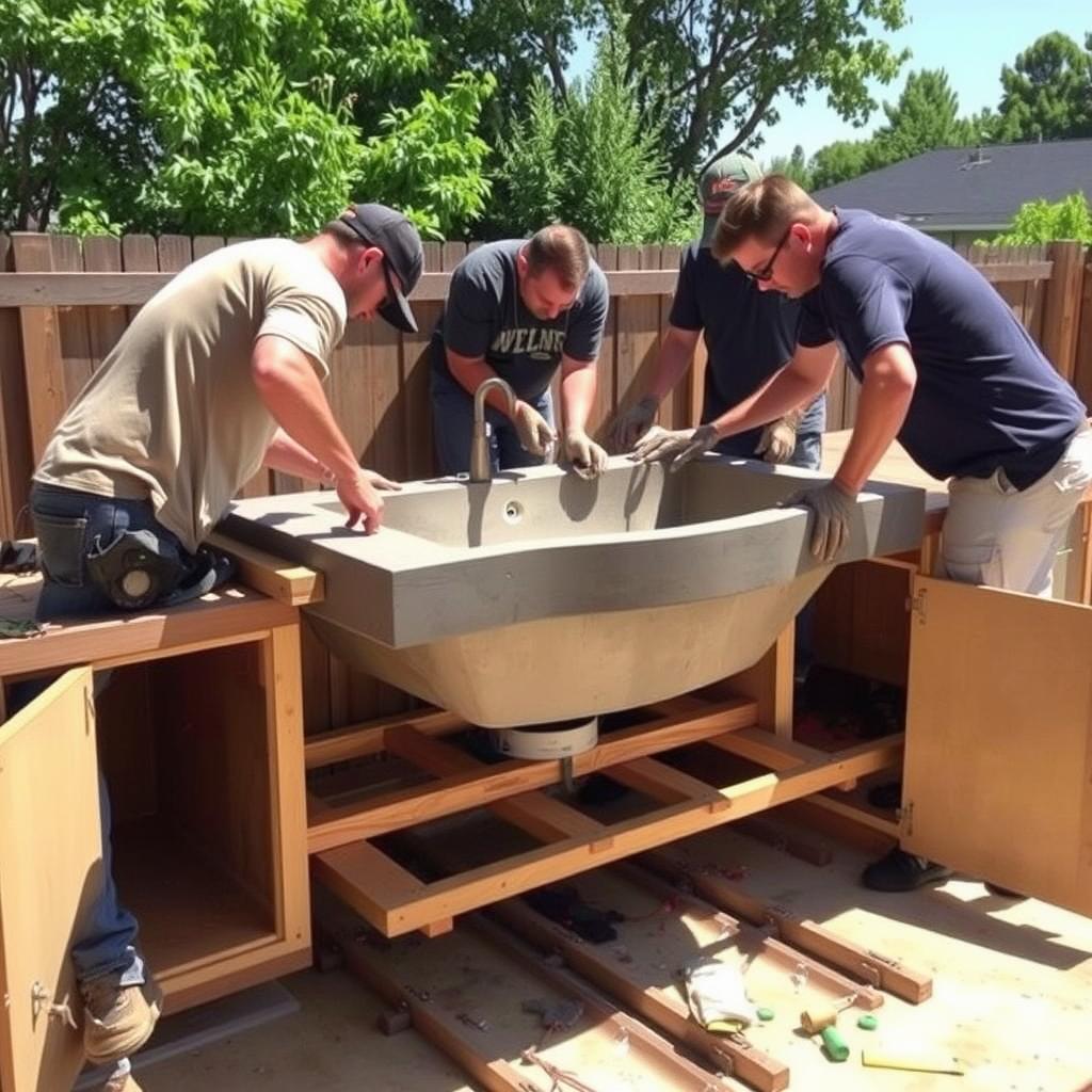Installation of a heavy concrete outdoor sink requiring reinforced cabinetry and multiple installers