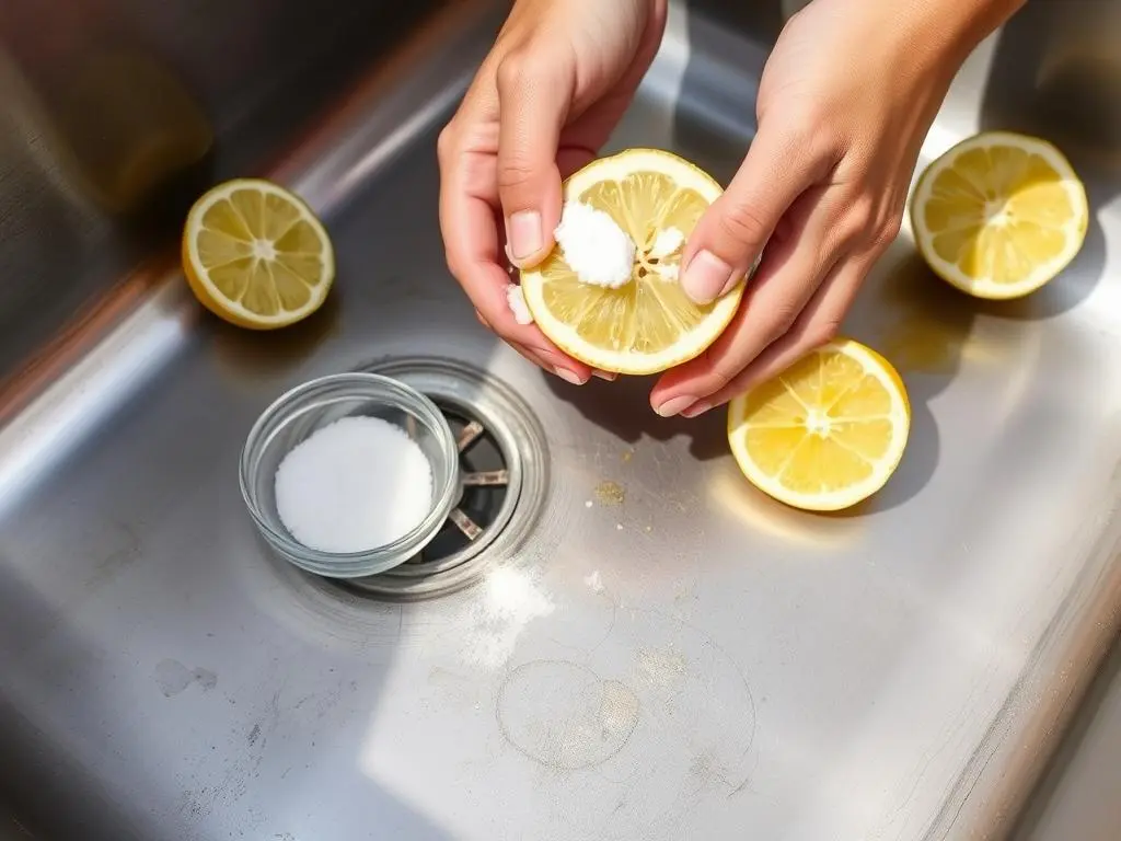 Lemon and salt being used to clean an outdoor stainless steel sink Lemon and salt being used to clean an outdoor stainless steel sink