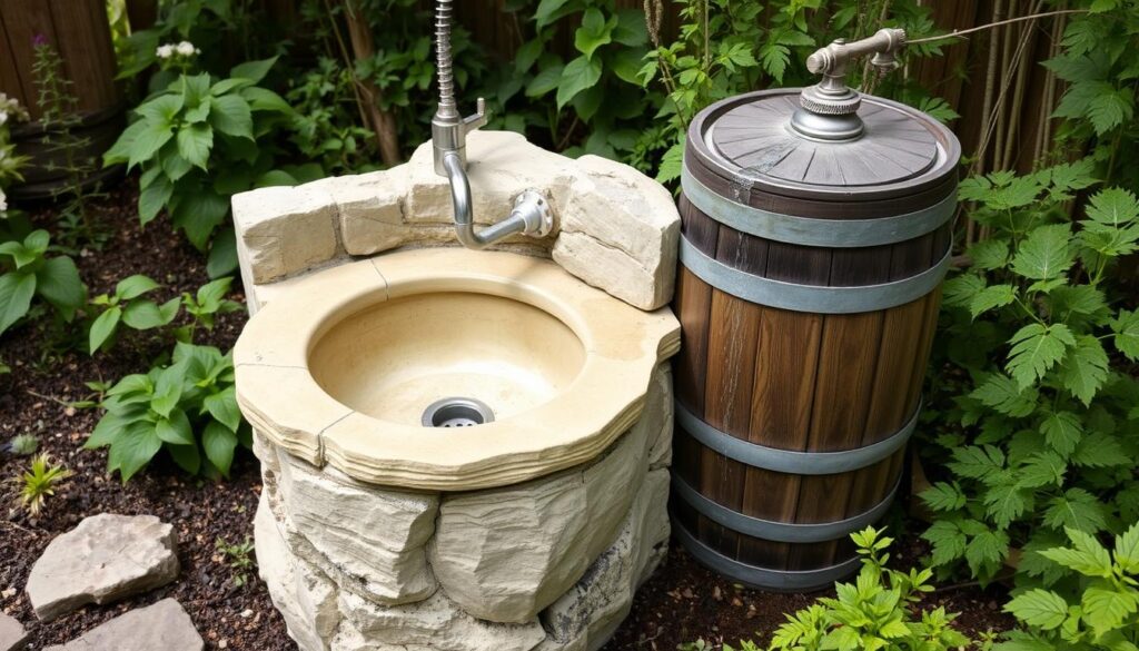 Outdoor garden sink connected to rainwater collection barrel