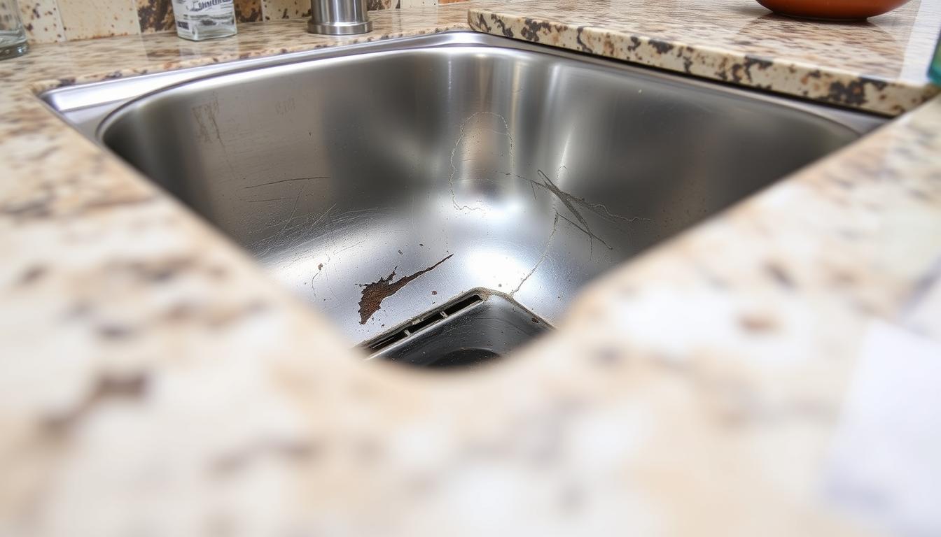 Outdoor kitchen sink with water leaking from the base