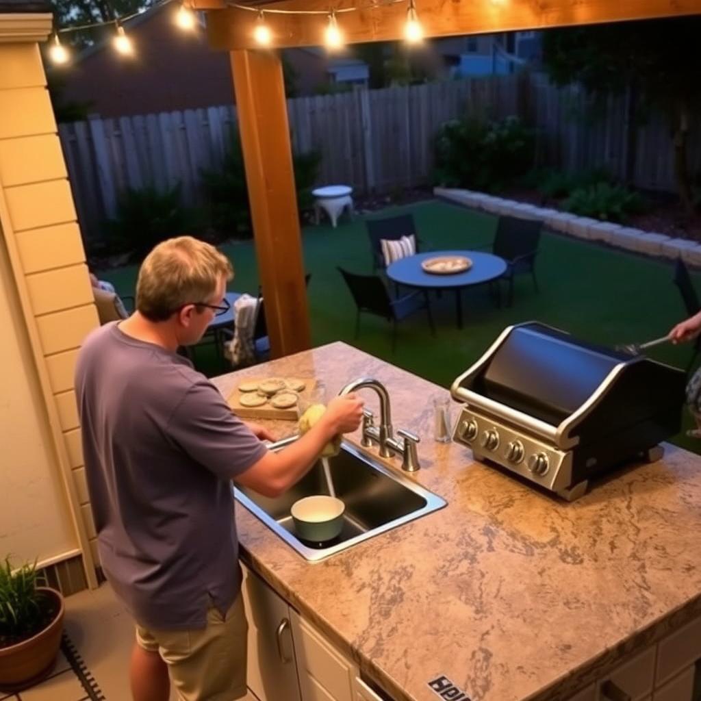 Outdoor kitchen with sink being used for cooking