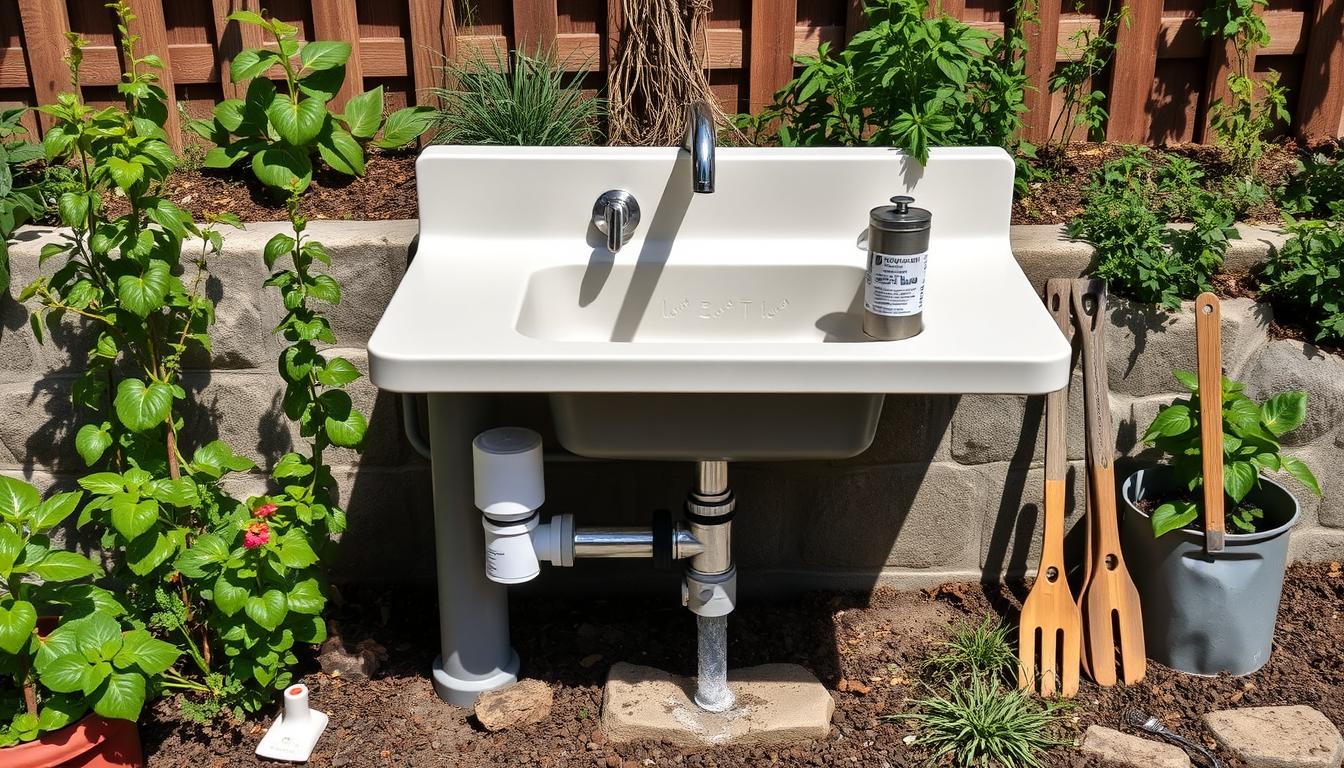 Outdoor sink connected to water supply in a garden setting