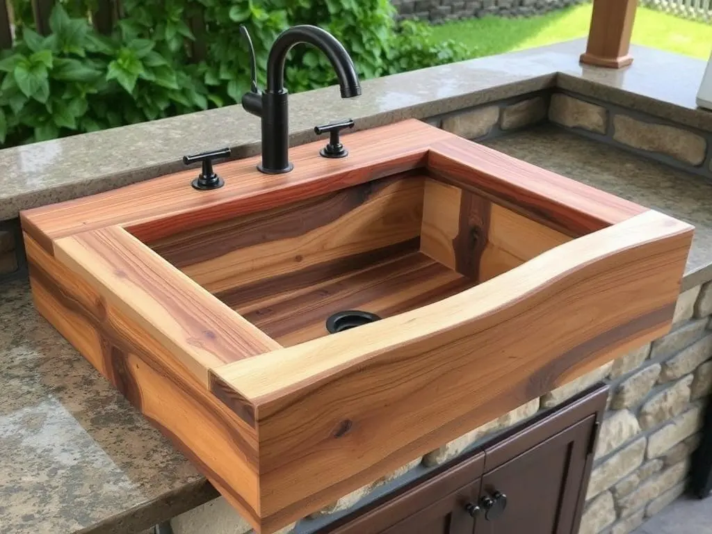 Outdoor sink made from reclaimed wood with protective coating Outdoor sink made from reclaimed wood with protective coating