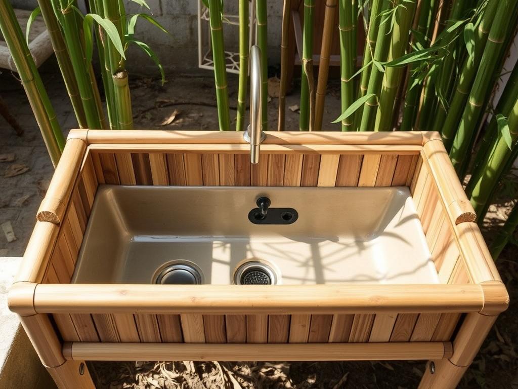 Outdoor sink with bamboo exterior and waterproof interior