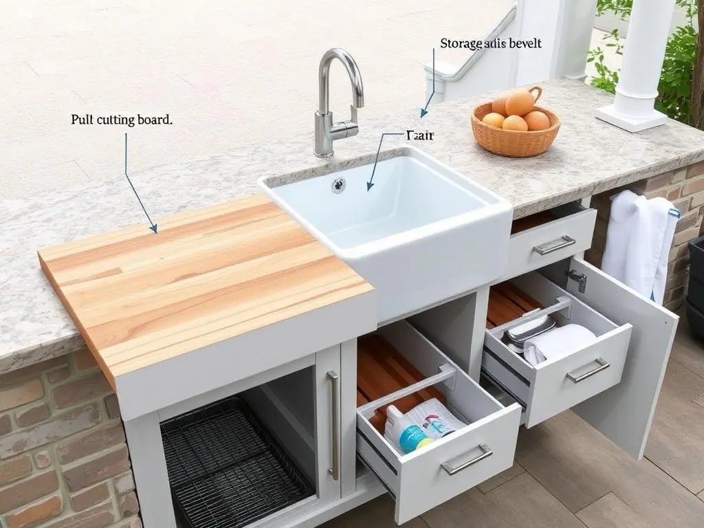 Outdoor sink with integrated features like cutting board and storage Outdoor sink with integrated features like cutting board and storage
