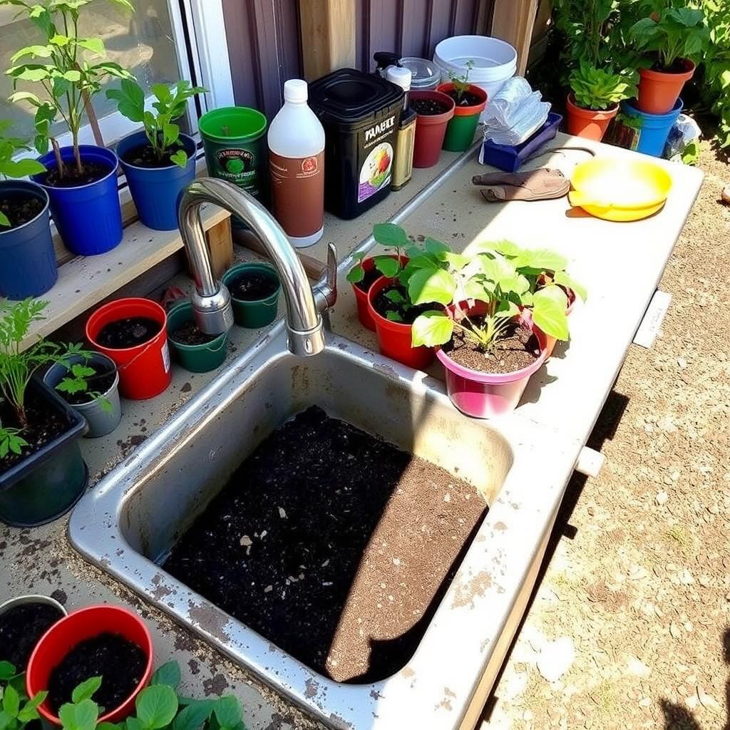 Outdoor sink with potting and plant care setup