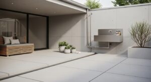 Patio-integrated rainwater collection and sink system