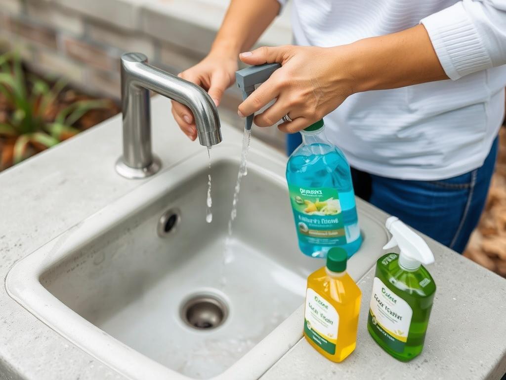 Person cleaning an eco-friendly outdoor sink with natural cleaning products