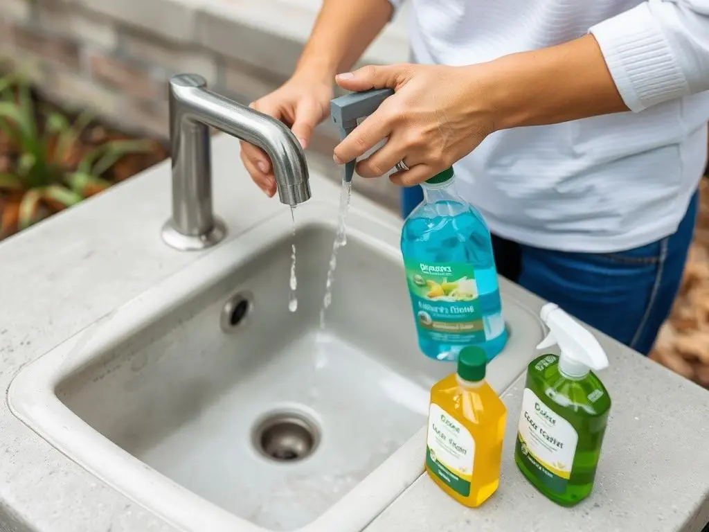 Person cleaning an eco-friendly outdoor sink with natural cleaning products Person cleaning an eco-friendly outdoor sink with natural cleaning products