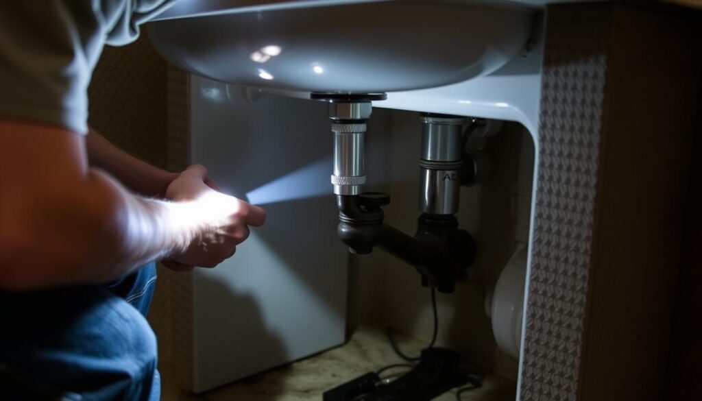 Person inspecting an outdoor sink for leaks