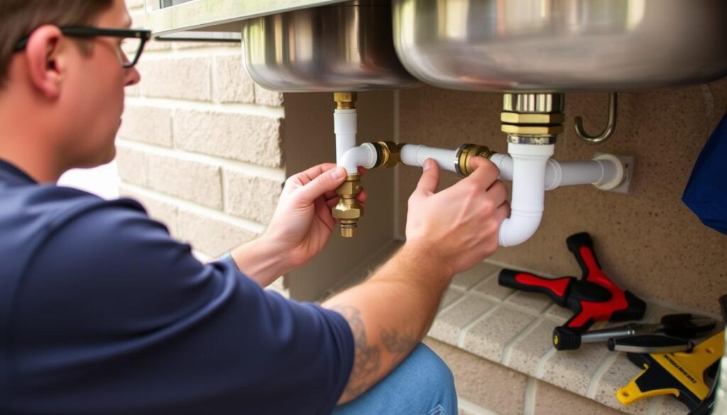 Person performing maintenance on outdoor sink plumbing