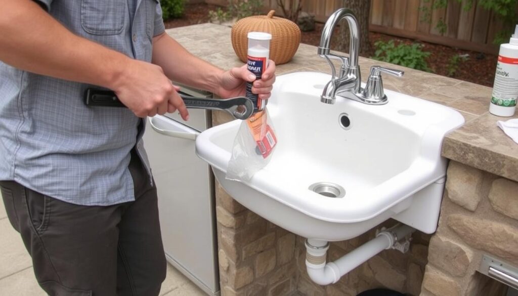 Person performing seasonal maintenance on outdoor sink