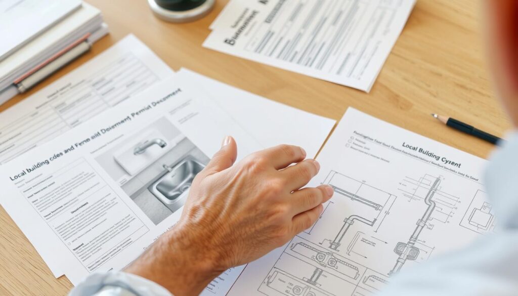 Person reviewing local building codes for outdoor sink drainage installation