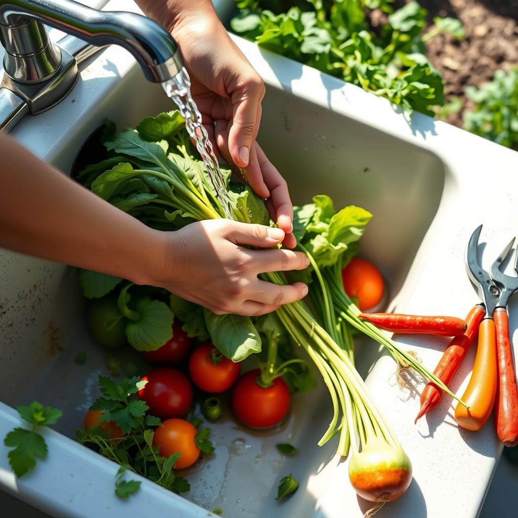 Person washing garden vegetables in outdoor sink