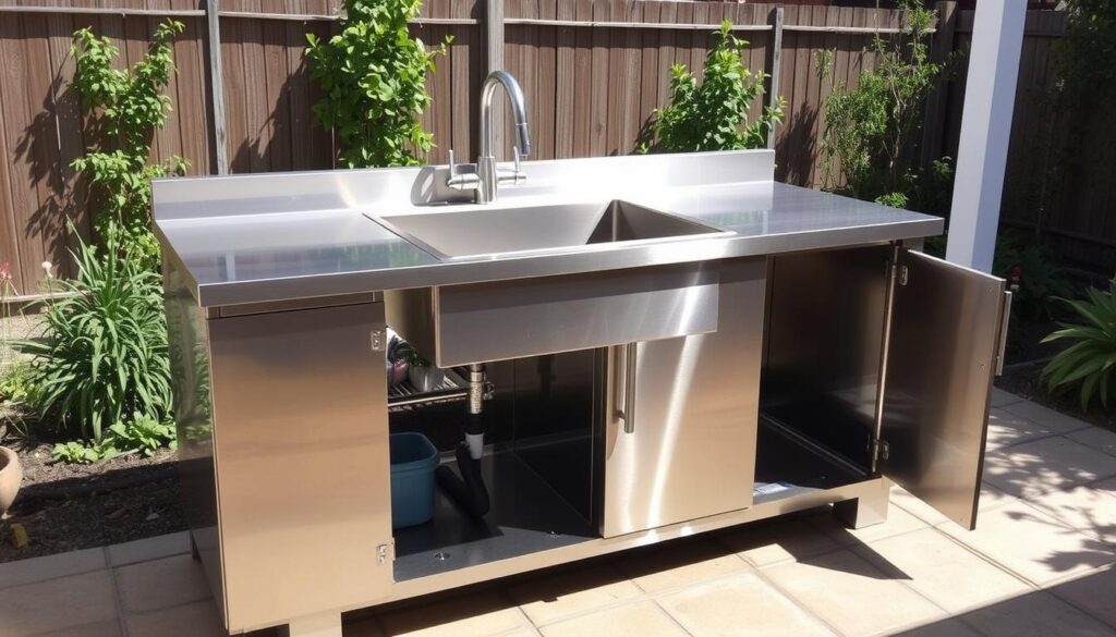 Pre-built stainless steel outdoor sink unit being installed