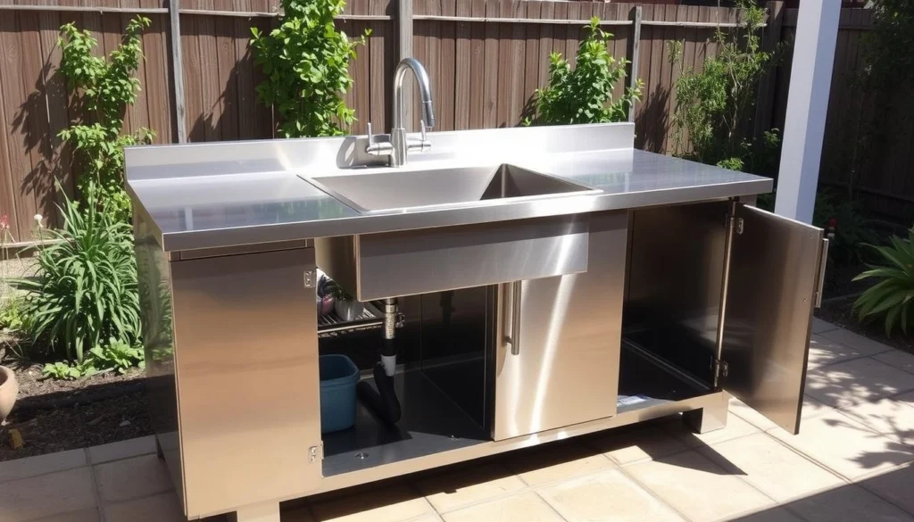 Pre-built stainless steel outdoor sink unit being installed Pre-built stainless steel outdoor sink unit being installed