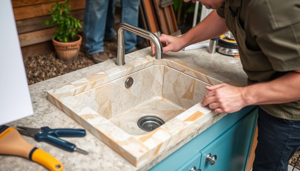 Professional installing an eco-friendly outdoor sink with sustainable practices