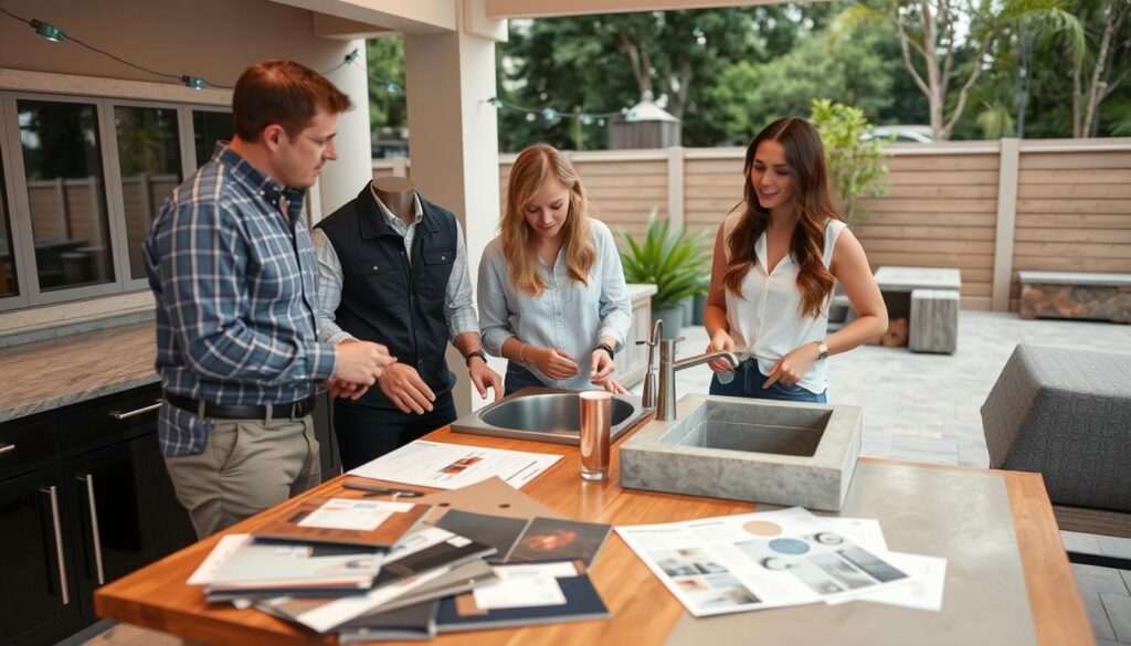 Professional outdoor kitchen designer comparing stainless steel and concrete sink options with a client