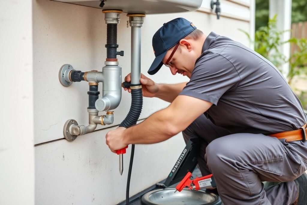 Professional plumber repairing complex outdoor sink issue