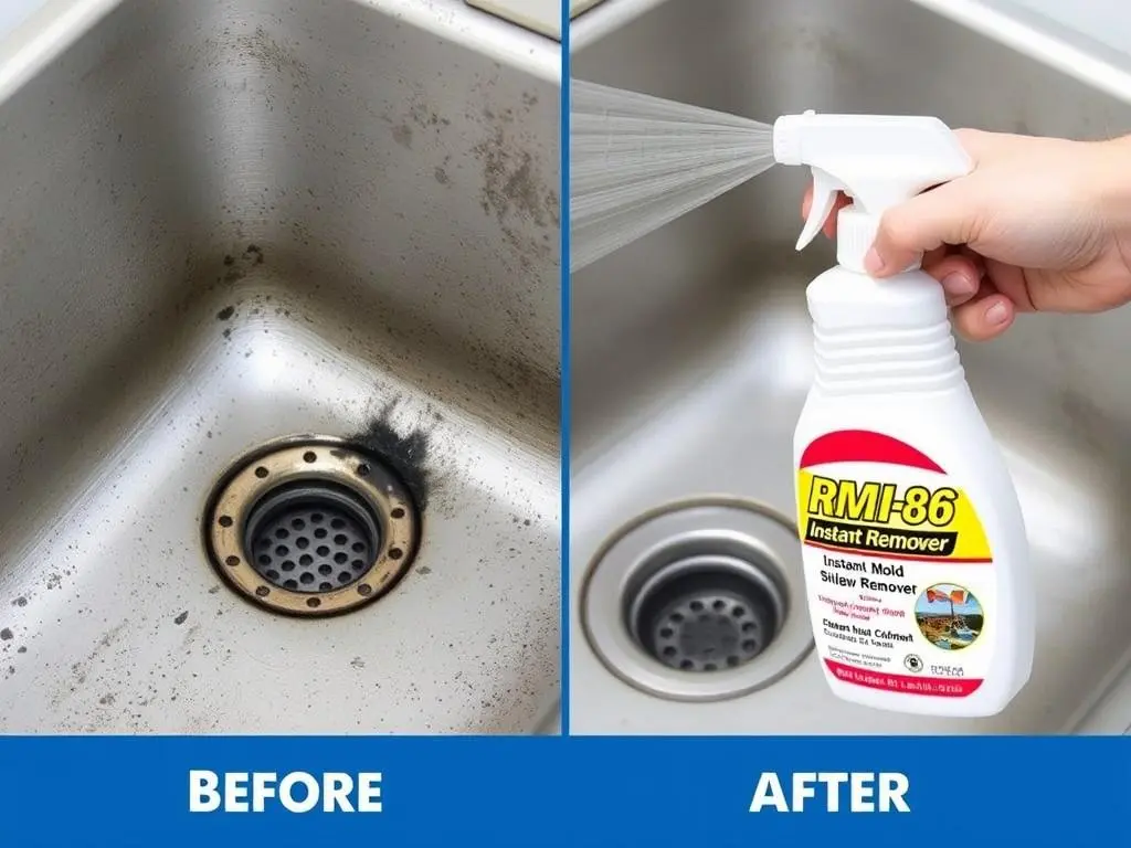 RMR-86 Instant Mold Stain & Mildew Remover being used on an outdoor sink with visible mold growth RMR-86 Instant Mold Stain & Mildew Remover being used on an outdoor sink with visible mold growth