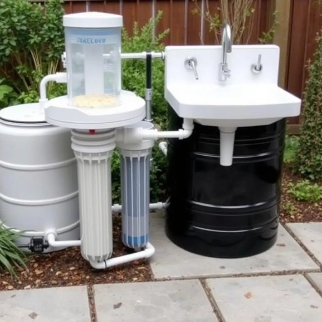 Rainwater collection system with advanced filtration for outdoor sink Rainwater collection system with advanced filtration for outdoor sink