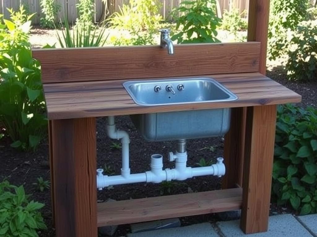 Rustic wooden DIY outdoor sink with repurposed materials