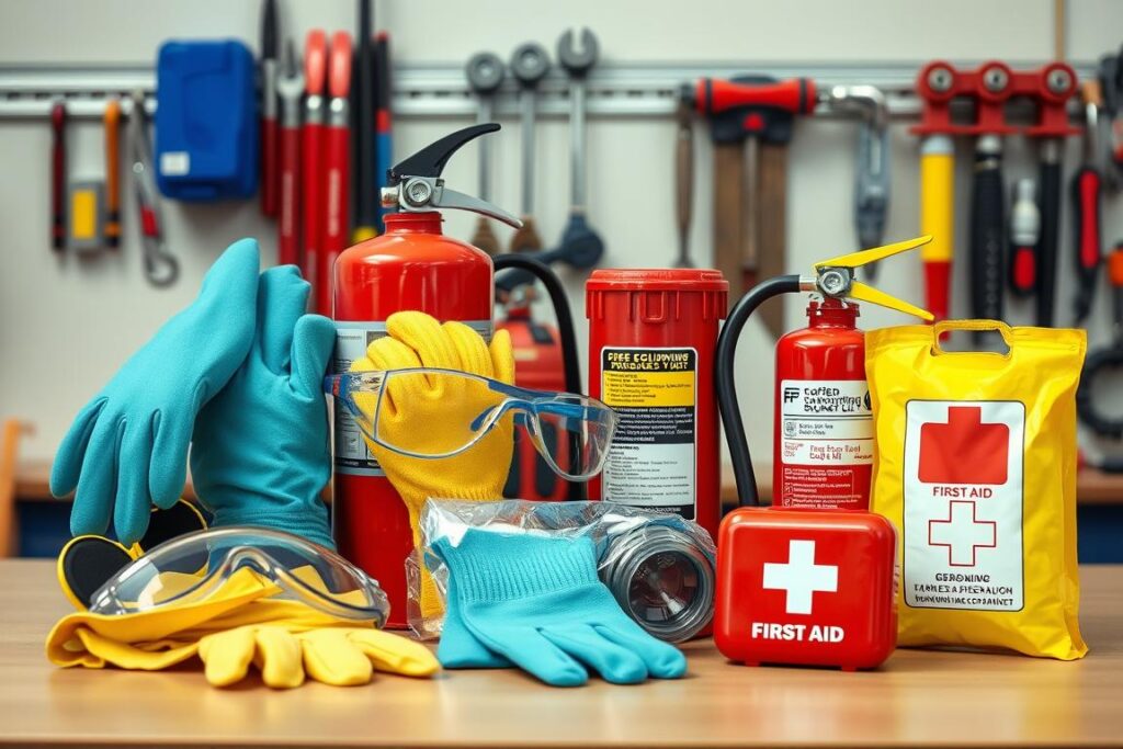 Safety equipment for plumbing installation including gloves and goggles