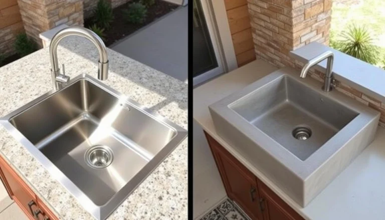 Side-by-side comparison of stainless steel vs concrete outdoor sinks showing the difference in appearance and installation