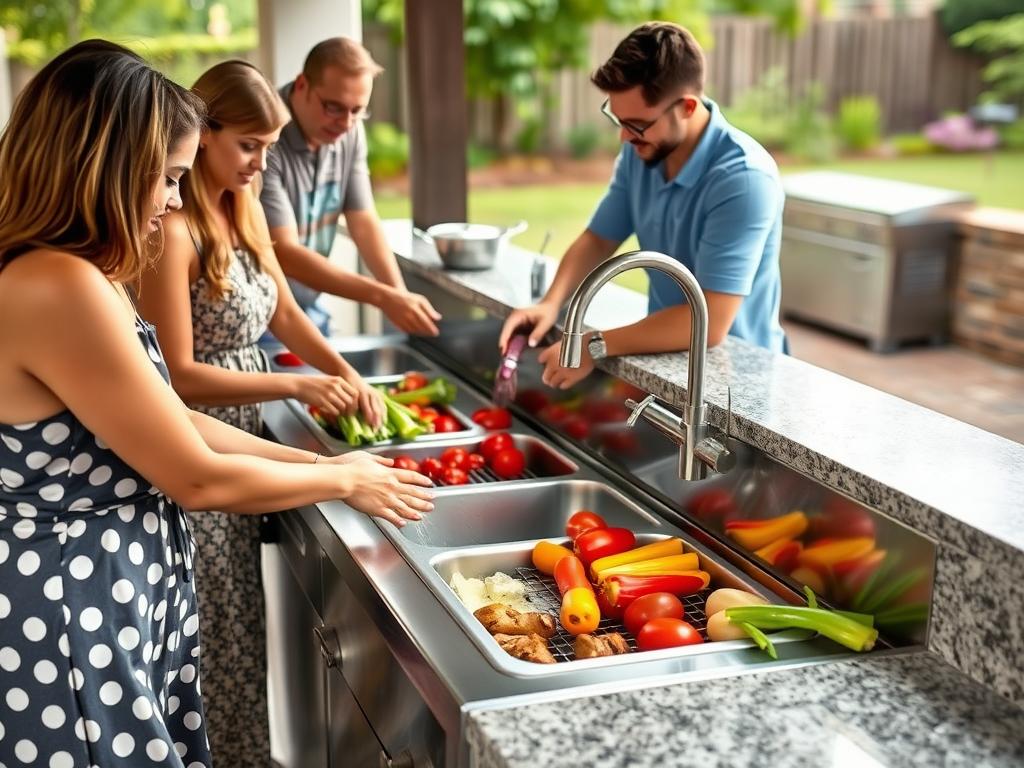 Stainless steel outdoor sink being used in a busy family barbecue setting