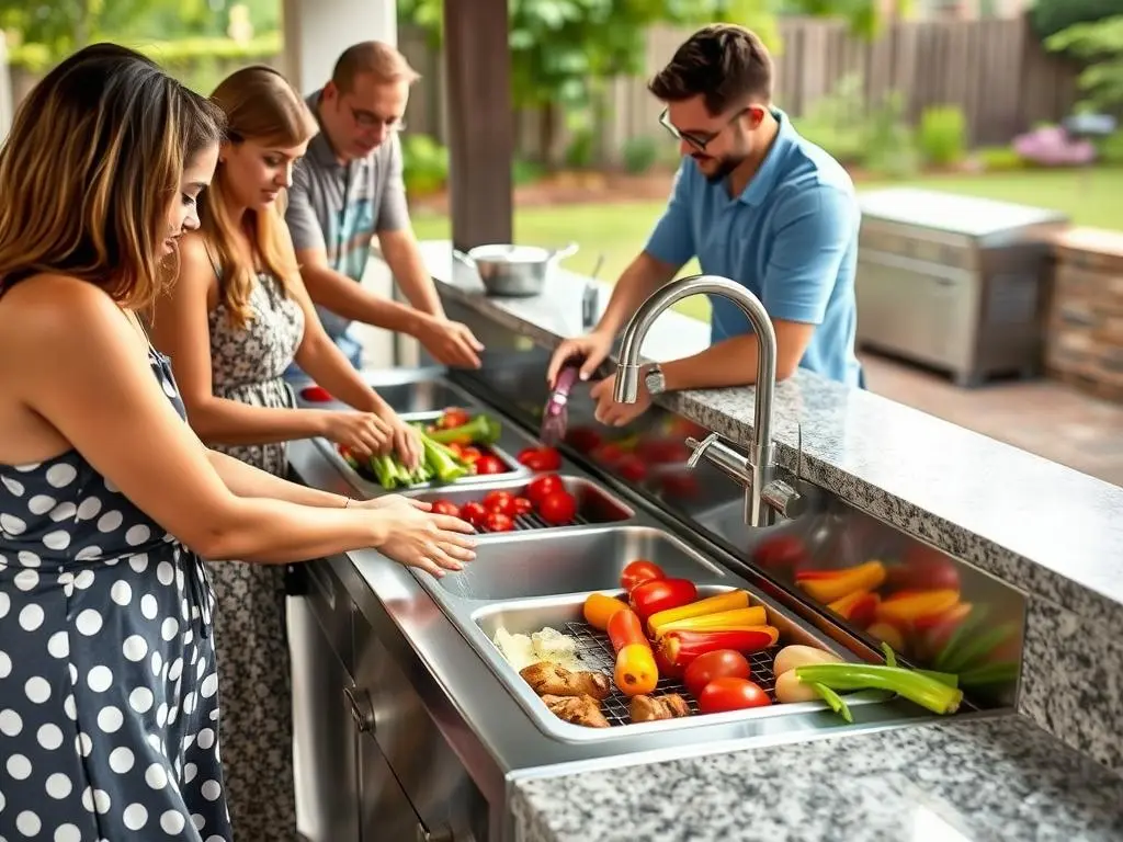 Stainless steel outdoor sink being used in a busy family barbecue setting Stainless steel outdoor sink being used in a busy family barbecue setting