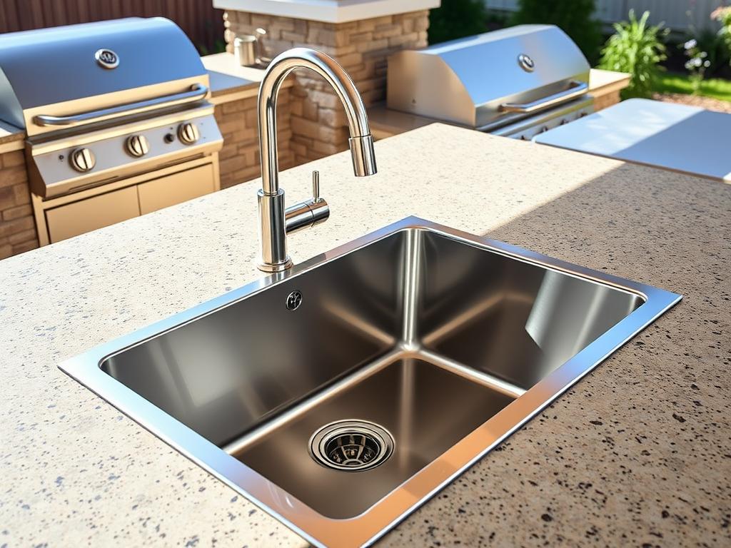Stainless steel outdoor sink installed in a modern outdoor kitchen with grill and countertop