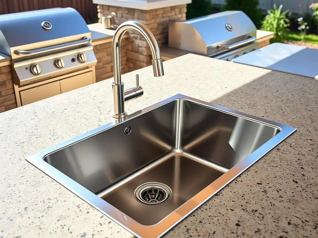 Stainless steel outdoor sink installed in a modern outdoor kitchen with grill and countertop Stainless steel outdoor sink installed in a modern outdoor kitchen with grill and countertop