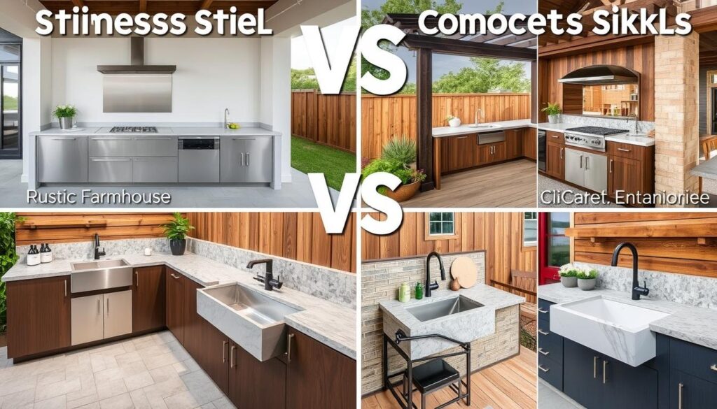 Stainless steel vs concrete outdoor sinks in different design styles showing how each complements various aesthetics