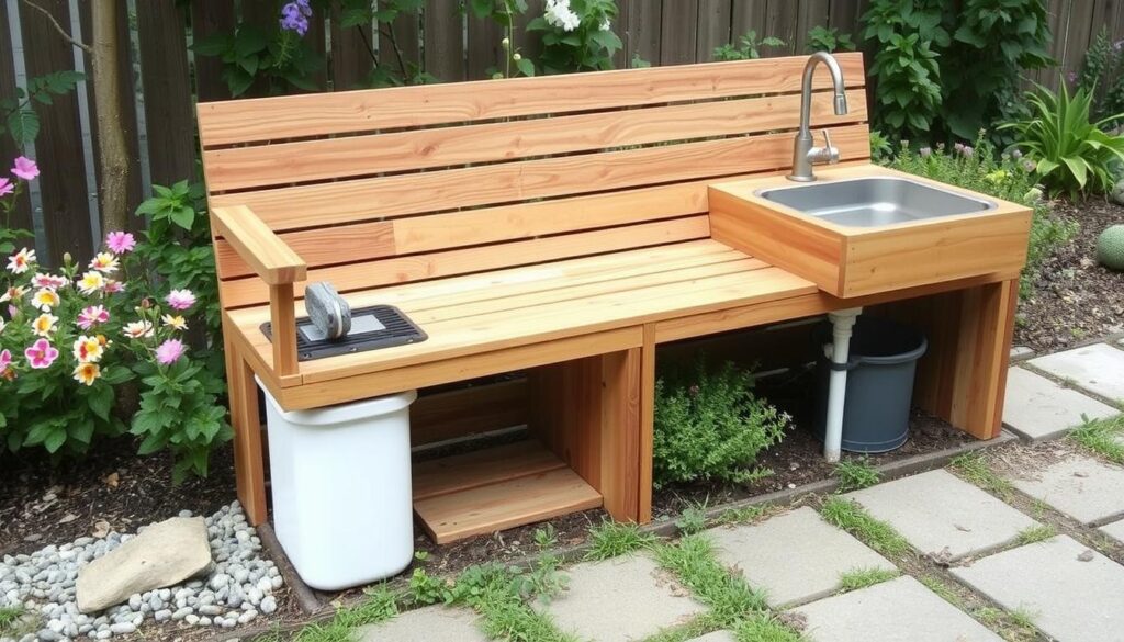 Stylish rainwater collection bench with integrated sink