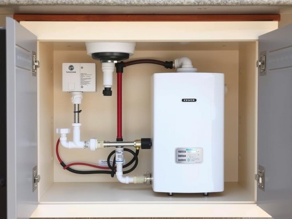 Tankless water heater installed under an outdoor sink