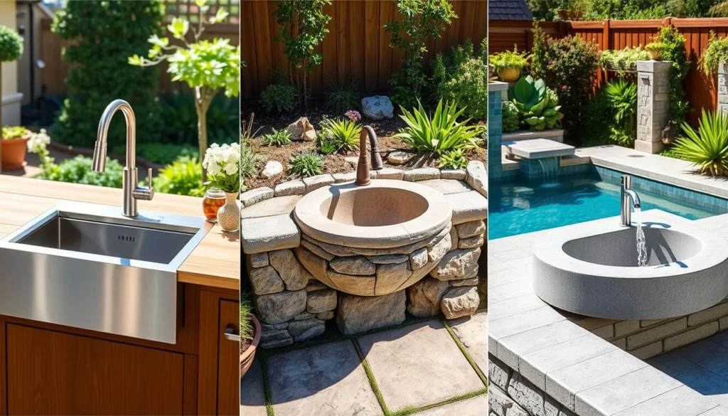 Various outdoor sinks showing different materials and settings including stainless steel, stone, and concrete options