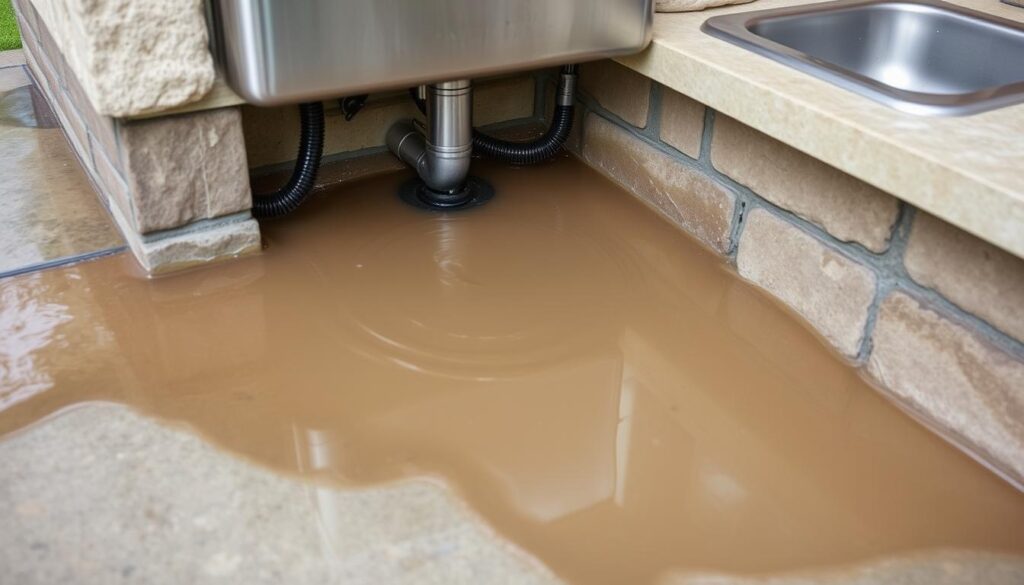 Water pooling around an outdoor sink due to poor drainage
