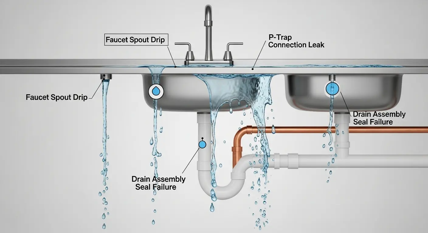 Diagram showing common areas where outdoor sinks leak Prevent an Outdoor Sink from Leaking