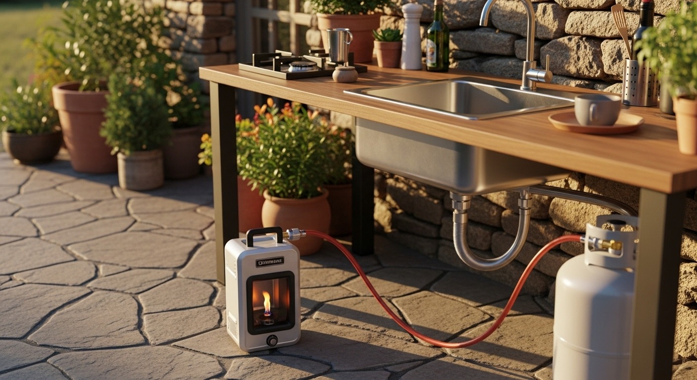 Portable water heater connected to outdoor sink