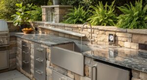Outdoor kitchen with integrated rainwater collection and sink