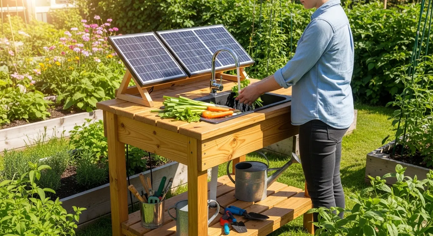 Person using a solar-powered sink for gardening tasks outdoors a solar-powered outdoor sink