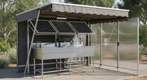 Solar-powered outdoor sink with weather protection features for different climates