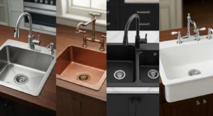 Common rust-resistant sink materials: 304 stainless steel, copper, granite composite, and enameled cast iron.