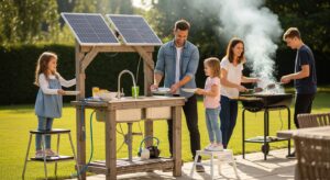 Family using solar-powered sink during backyard barbecue