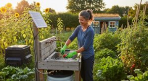 Eco-conscious homeowner using solar-powered sink in sustainable garden