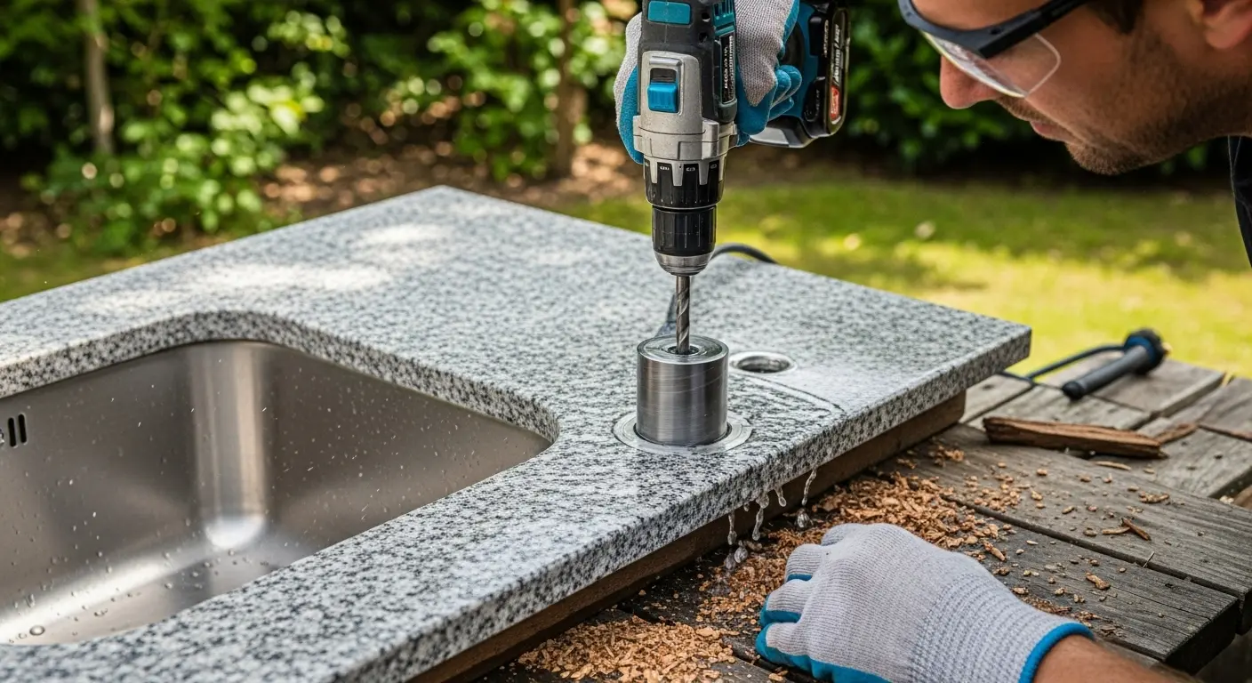Drilling a hole in outdoor sink countertop for soap dispenser installation Drilling a hole in outdoor sink countertop