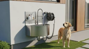 Wall-mounted outdoor pet sink attached to exterior wall Wall-mounted outdoor dog wash station